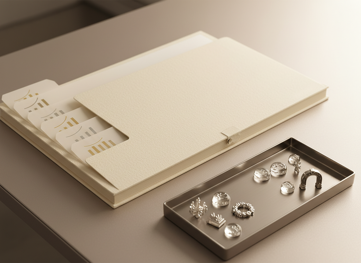 A refined pricing and proposal vignette in photographic realism, featuring a thick, textured ivory folder slightly open on a satin-finished desk. Visible inside are layered, tabbed dividers that subtly indicate starting price tiers and customizable sections, shown through abstract bar graphics rather than text. Beside the folder, a minimalist metal tray holds delicate glass tokens and small sculptural icons symbolizing add-ons like enhanced lighting, specialty decor, and bespoke activations. Gentle, warm studio lighting from the right creates soft highlights on the metallic accents and a serene gradient across the folder. Shot from a slightly elevated angle with moderate depth of field, the scene feels precise, transparent, and reassuringly professional.