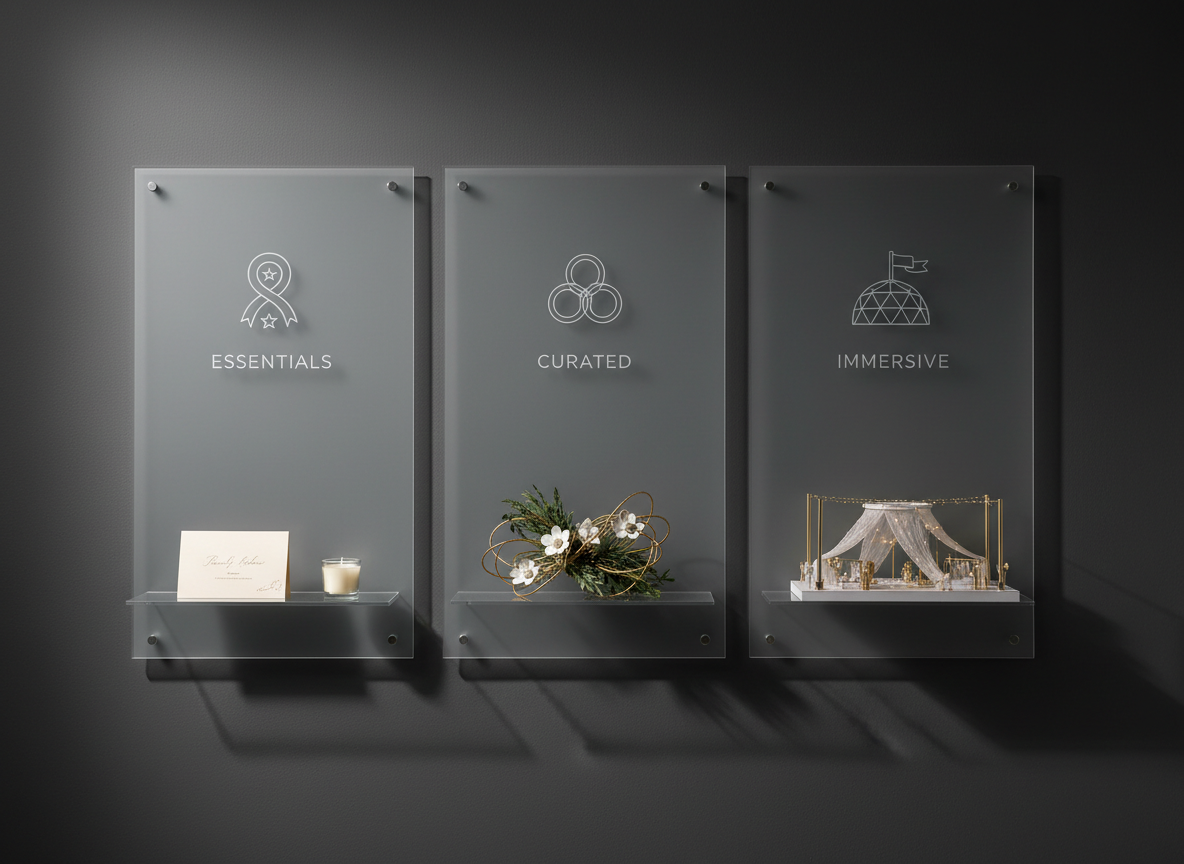A sleek, wall-mounted planning board in photographic realism, composed of three adjacent frosted-glass panels subtly labeled through etched icons to represent tiered event planning services. Below each panel, minimalist acrylic shelves display small, symbolic objects: a simple place card and votive candle for the base tier, a stylized centerpiece mockup for mid-tier, and an intricate scale model of an immersive activation for the top tier. The board is set against a matte charcoal wall in a modern studio. Soft, directional studio lighting from the left creates clean highlights on the glass and gentle gradients in the shadows. Captured straight-on with sharp focus throughout, the mood is organized, professional, and quietly luxurious.