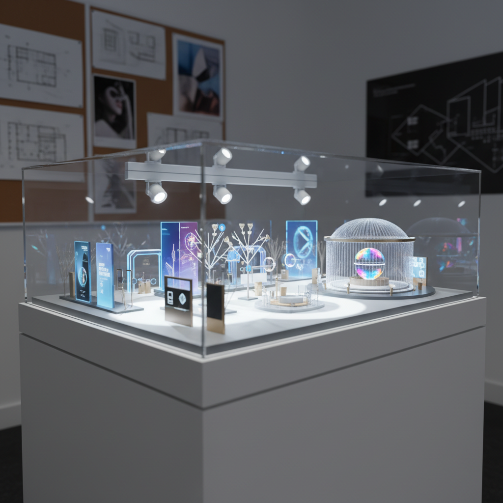 An immersive event activation concept shown in photographic realism as a detailed scale installation inside a pristine, glass-topped display case. Within, modular structures glow subtly, suggesting interactive elements, digital displays, and sensory experiences, arranged in zones that progress from simple to elaborate, echoing different service levels. The display case rests on a matte white plinth in a minimalist planning studio, with architectural sketches and mood boards softly blurred in the background. Cool, focused spotlights above the case cast crisp highlights on the glass edges and create a halo of light on the miniature environment inside. Captured at a low, three-quarter angle, the composition emphasizes depth and innovation, projecting an aura of exclusivity and forward-thinking event design.