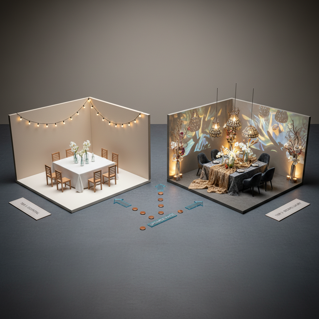 A dramatic before-and-after planning storyboard in photographic realism, laid out across a wide, slate-gray table. On the left, a clean, simple miniature event setup shows basic furnishings and neutral decor; on the right, an elevated version features layered lighting effects, sculptural centerpieces, and immersive environmental details, symbolizing custom-quoted upgrades and tailored enhancements. Between them, small metallic markers and translucent acrylic arrows suggest a guided journey through service tiers. Overhead, balanced studio lighting ensures consistent illumination, while subtle vignetting at the edges draws attention to the transformation in the center. Shot from a slightly elevated perspective with sharp focus, the mood is strategic, confident, and aspirational, emphasizing the depth of detail and care in exclusive event planning.