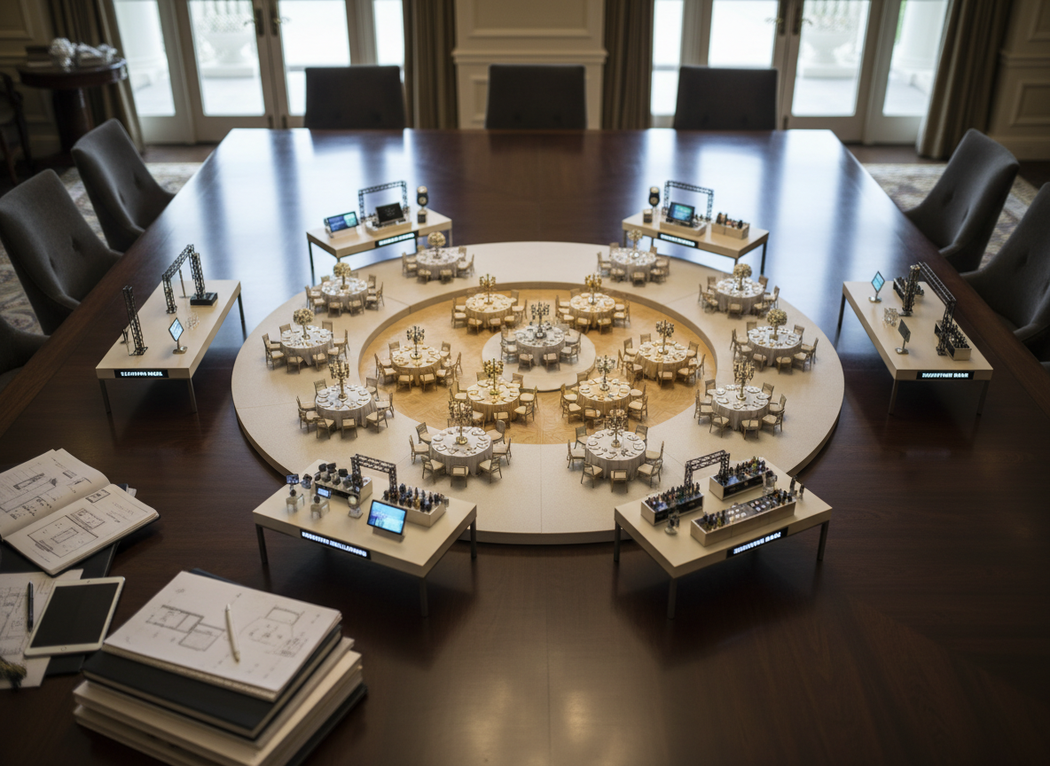 A high-end event layout overview captured from a bird’s-eye perspective in photographic realism, showing a precisely arranged ballroom floor rendered as a detailed 3D tabletop model. Miniature round tables with varying centerpiece complexity visually suggest tiered packages, while side tables feature tiny icons of lighting rigs, interactive installations, and signature bars representing add-on services. The model sits on a smooth, dark wood surface with neatly stacked planning documents at the edge of the frame. Soft, even overhead lighting minimizes harsh shadows, revealing every texture and detail. The composition is centered with ample negative space around the model, creating a calm, controlled, and strategic planning atmosphere.
